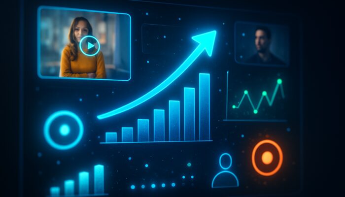 Neon digital dashboard showcasing live X video ads and real-time global engagement metrics.