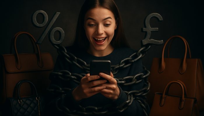Young shopper in the UK using BNPL on their phone while holding luxury bags, as debt chains tighten.