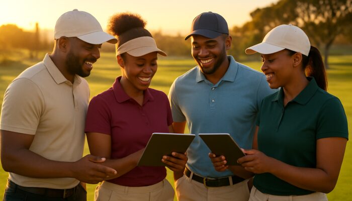 A diverse group of South African golfers sharing community reviews on tablets at sunset on a lush course.