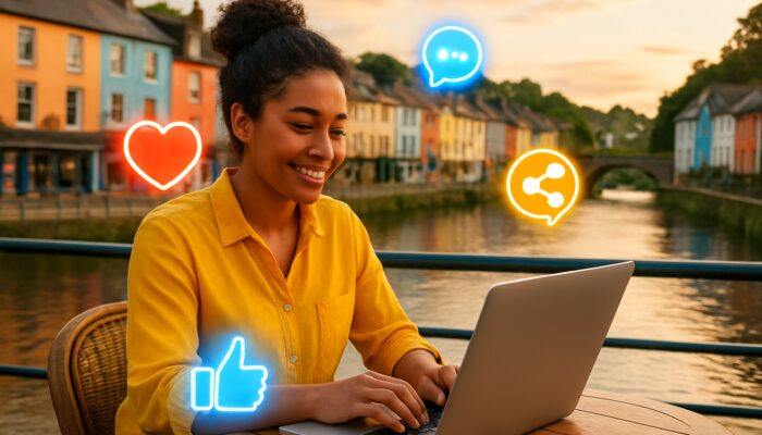 Social media manager using a laptop at a Totnes riverside café, surrounded by glowing like and share icons