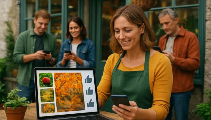 Totnes shop owner updating social media profile with seasonal photos, hashtags, and rising follower counts surrounded by locals.