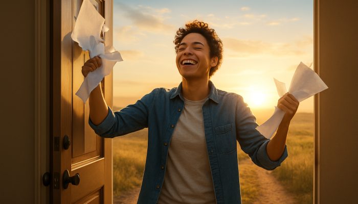 Relieved individual tearing up debt bills steps through an open door into a sunlit horizon for new beginnings.