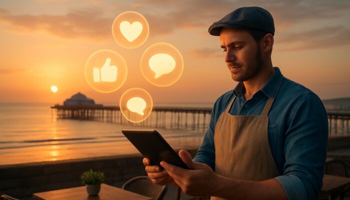 Café owner reviewing impressive social media metrics on tablet above Weston-super-Mare pier at sunset