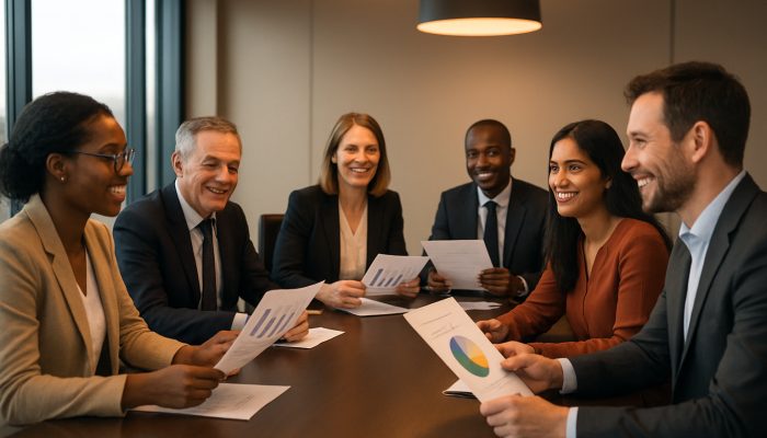 Diverse British professionals sharing surveys and charts around a modern London boardroom table.