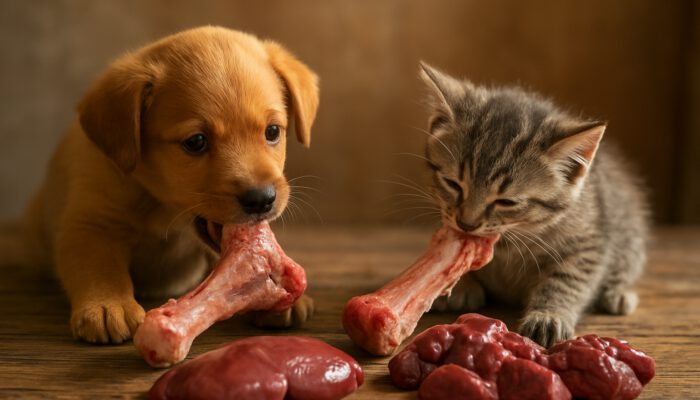 Playful puppy and kitten enjoying raw bones alongside organ meats on a wooden table.