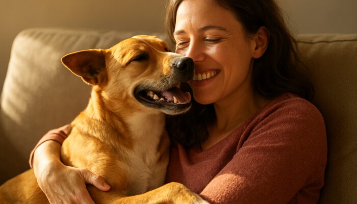 Rescue dog nuzzling a smiling owner on a sunlit couch, symbolising the love and healing connection formed through adoption