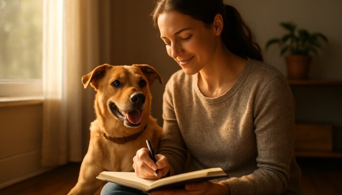 Individual journaling alongside a loving rescue dog in a sunlit home, radiating joy and serenity.