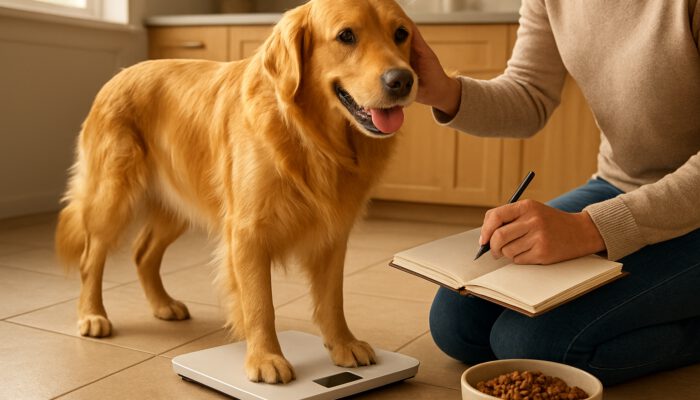 Owner weighing an energetic golden retriever on a scale while checking their coat in a sunlit kitchen