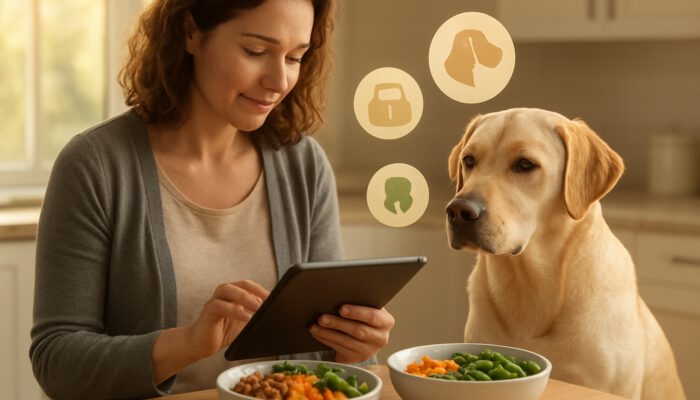 Owner reviewing Labrador health data on a tablet alongside tailored nutrition bowls in the kitchen