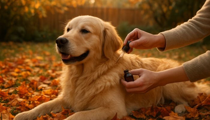 Golden retriever getting natural flea prevention oil applied in autumn backyard