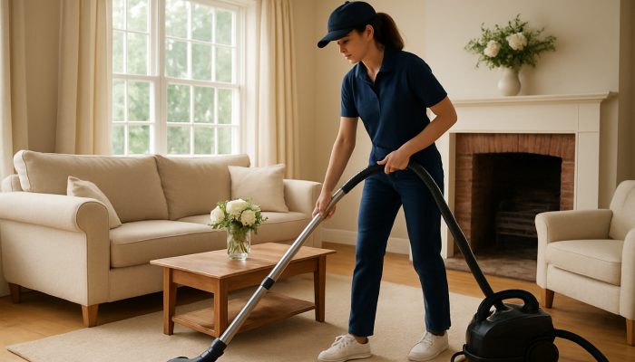 Professional cleaner vacuuming a sunlit living room in a cosy Martock cottage adorned with fresh flowers.