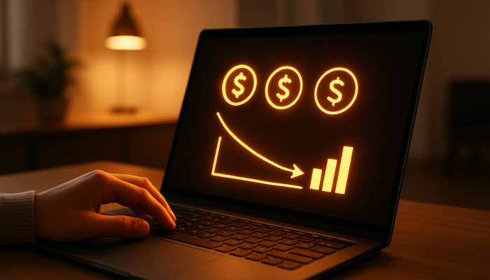 Hands configuring automatic extra payments on laptop, displaying a shrinking debt graph in a modern office