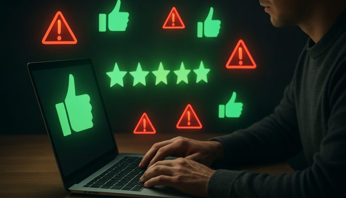 Individual at laptop assessing positive Trustpilot feedback with green thumbs-ups and red warning icons regarding banking reliability.