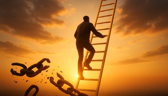 How to Rebuild Credit After Tidying Debts: Steps for Success | DCL Individual ascending a golden credit score ladder, breaking free from debt chains towards a financial sunrise.