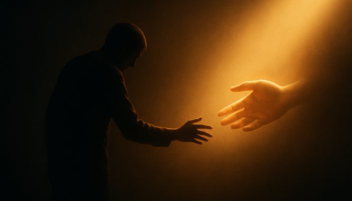 Figure emerging from shadows reaching for glowing supportive hands in light, symbolising choosing support.