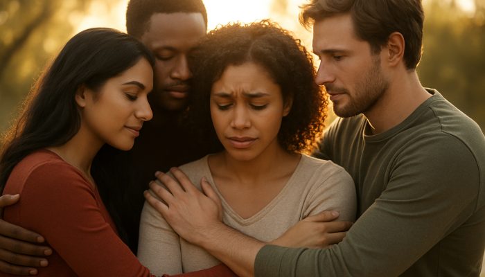 Diverse friends embrace in a sunlit circle, one sharing vulnerably while others listen with empathy.
