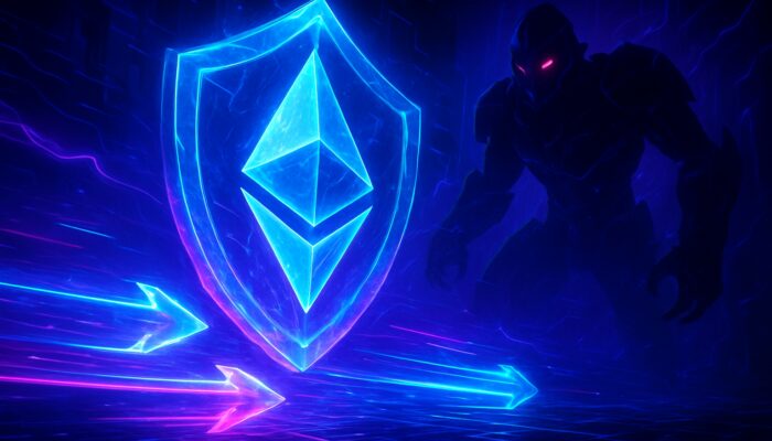 Cyberpunk arena illuminated by Ethereum transactions shielded by crystalline armour from predatory MEV bots in vibrant neon hues.