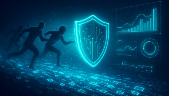 Digital shield obstructing MEV front-runners from blockchain transactions with holographic resilience metrics in vibrant neon void