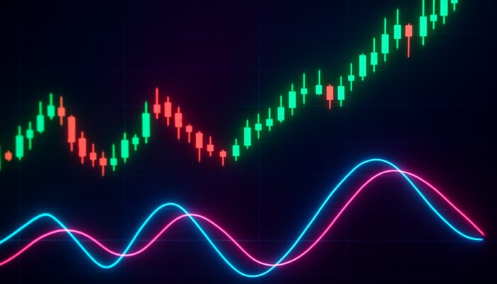 Dynamic trading interface showcasing Trix indicator crossovers, divergences, and ascending price candles in a neon display.