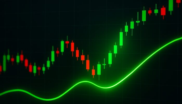 Trading chart featuring a green Trix line crossing above zero amidst candlesticks indicating a bullish buy signal