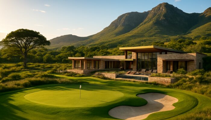 Elegant modern golf resort blending luxury architecture with South Africa's stunning natural landscapes.