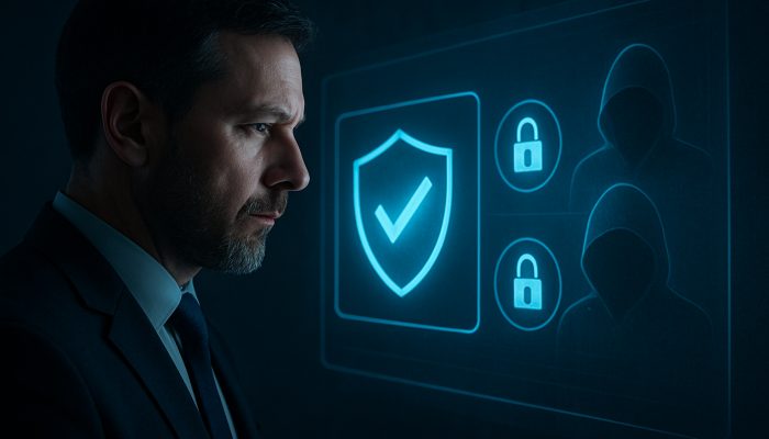 UK borrower verifying lender on glowing FCA register shielded from fraudulent clones in digital interface