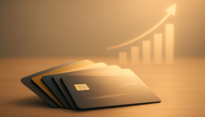 Unused credit cards fanned on desk with rising credit score chart and upward arrows