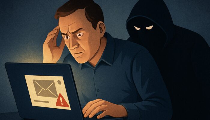 User identifying a fraudulent sender in a phishing email on laptop with a cybercriminal lurking behind