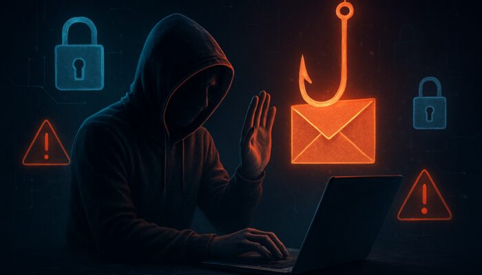 User protecting laptop from phishing email threat with digital locks and security alerts