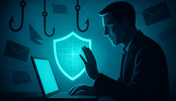 Professional deflecting phishing emails with digital shield on a glowing laptop for cybersecurity awareness